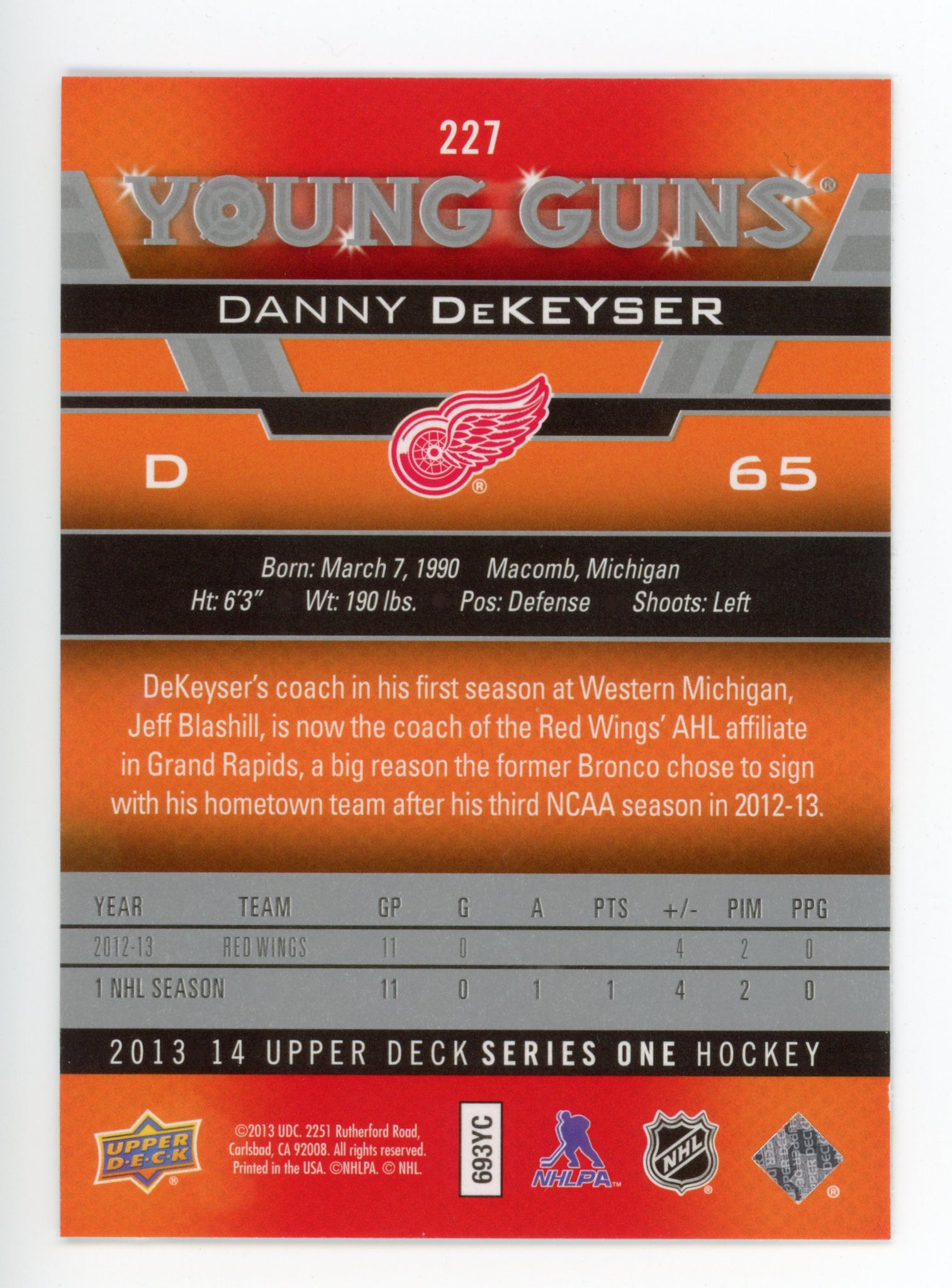 2013-2014 Danny Dekeyser Young Guns Upper Deck Series 1 Detroit Red Wings # 227