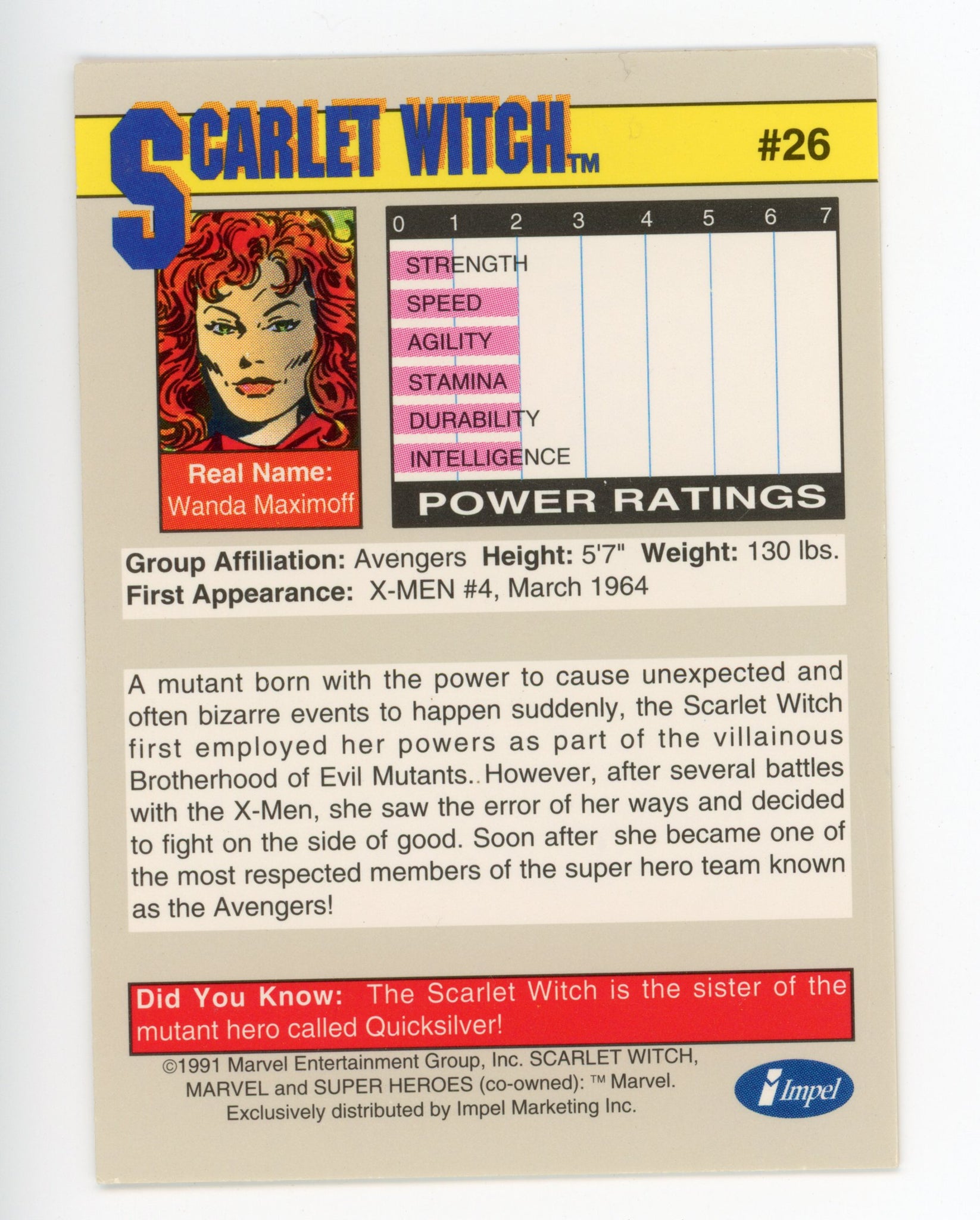 1991 Scarlet Witch Super Heroes Marvel Impel # 26