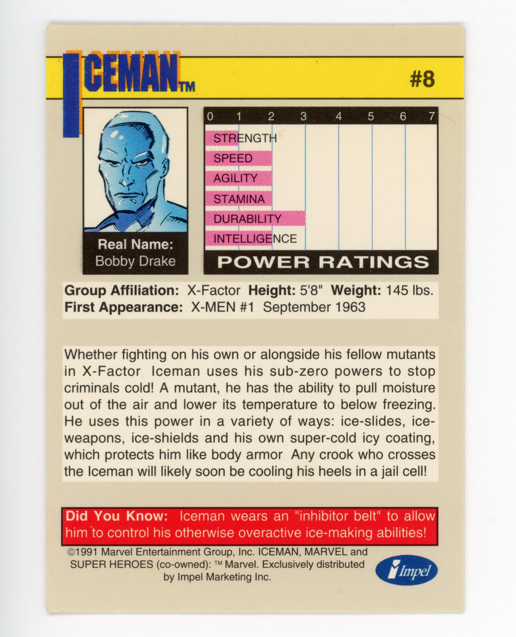 1991 Iceman Super Heroes Marvel Impel # 8