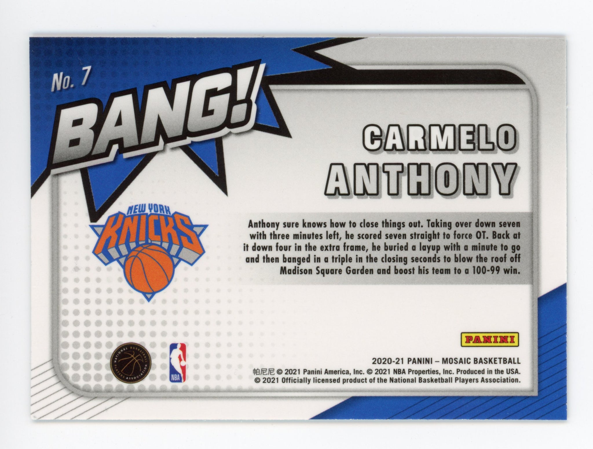 2020-2021 Carmelo Anthony Bang! Knicks VS Bulls Mosaic Panini #7