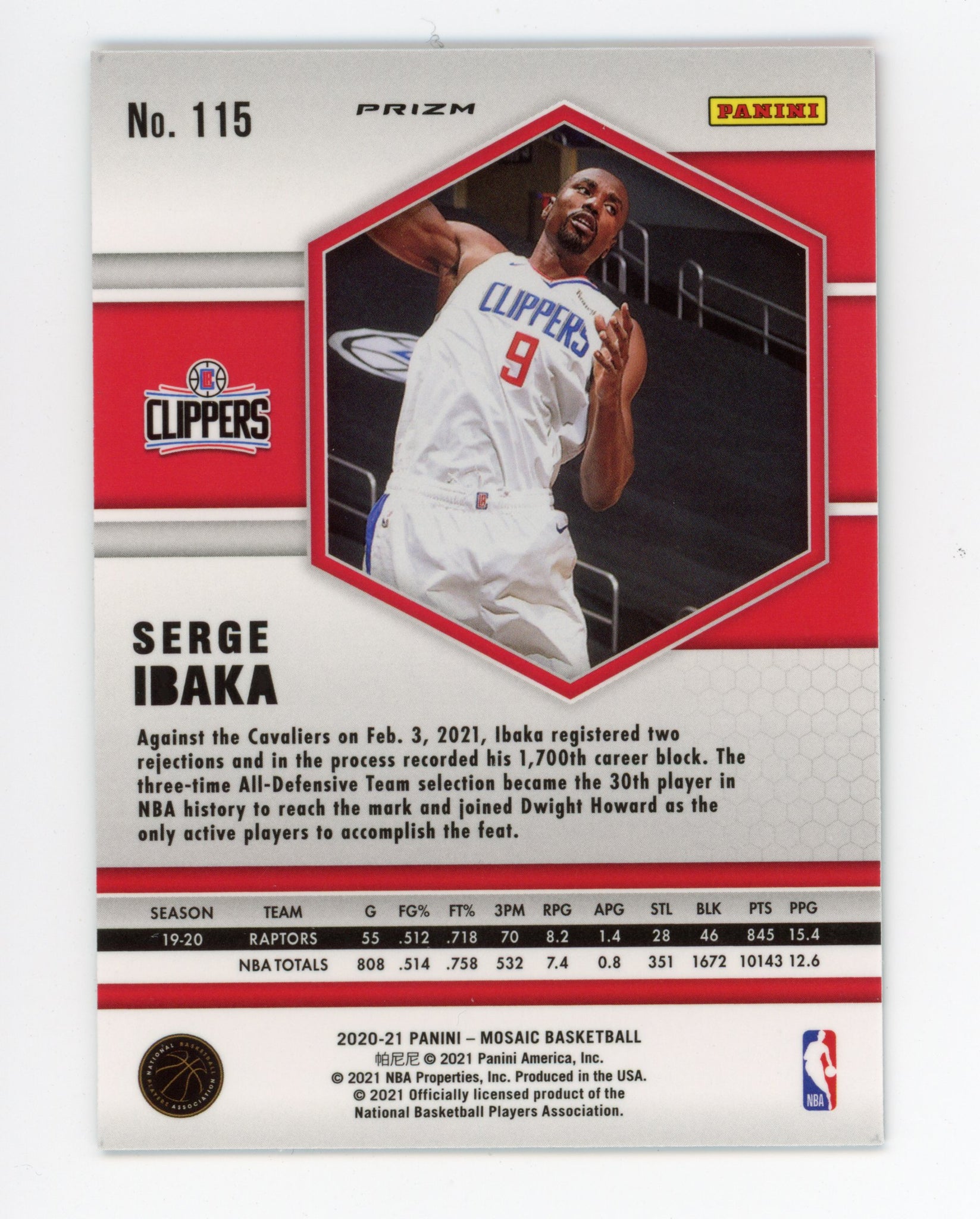2020-2021 Serge Ibaka Green Prizm Mosaic Panini Los Angeles Clippers # 115