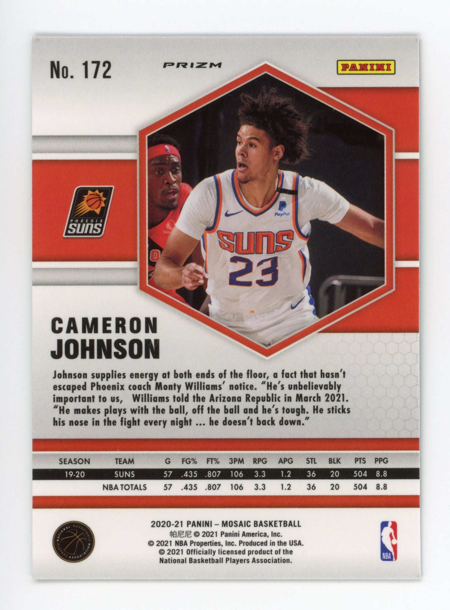 2020-2021 Cameron Johnson Green Prizm Mosaic Panini Phoenix Suns # 172
