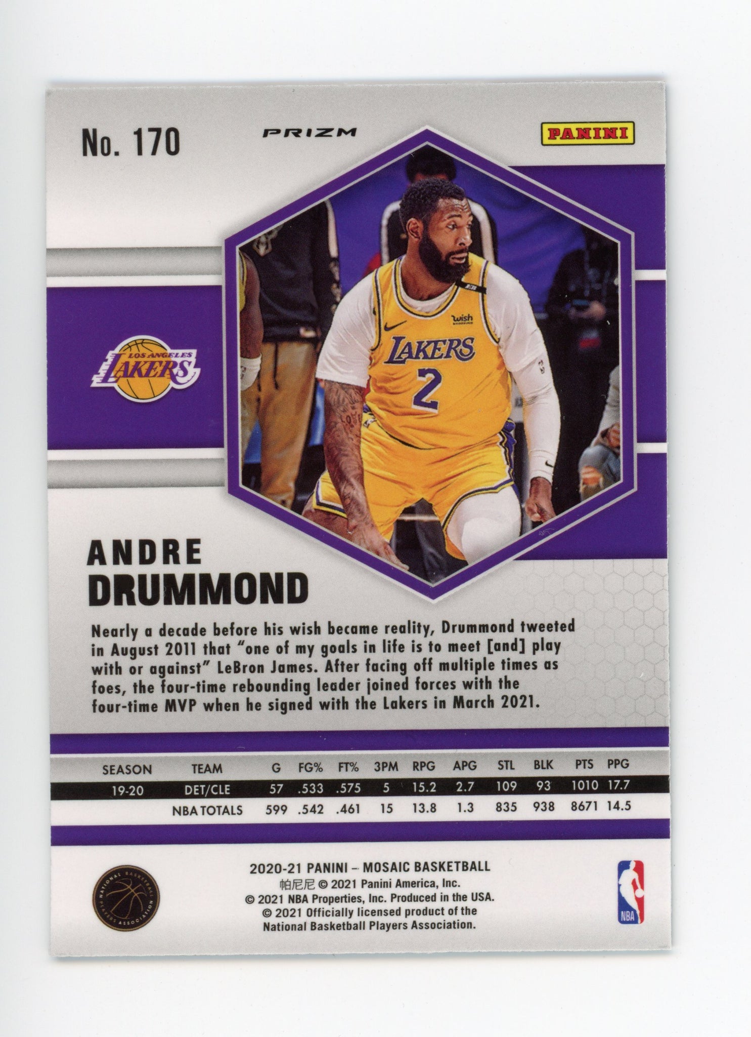 2020-2021 Andre Drummond Prizm Mosaic Panini Los Angeles Lakers # 170