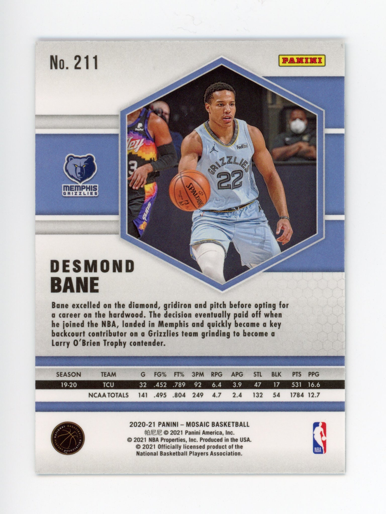 2020-2021 Desmond Bane Rookie Mosaic Panini Memphis Grizzlies # 211
