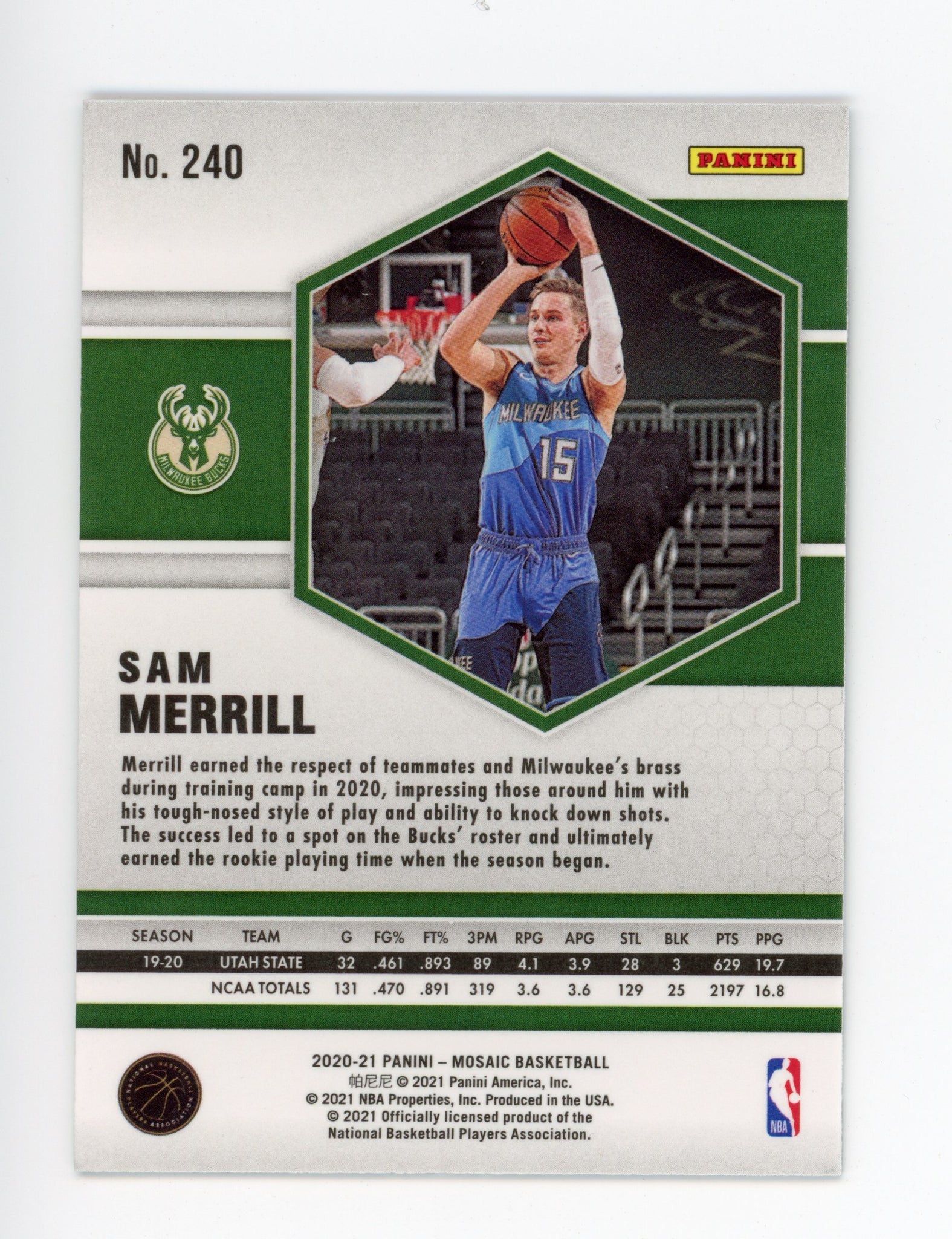 2020-2021 Sam Merrill Rookie Mosaic Panini Milwaukee Bucks #240