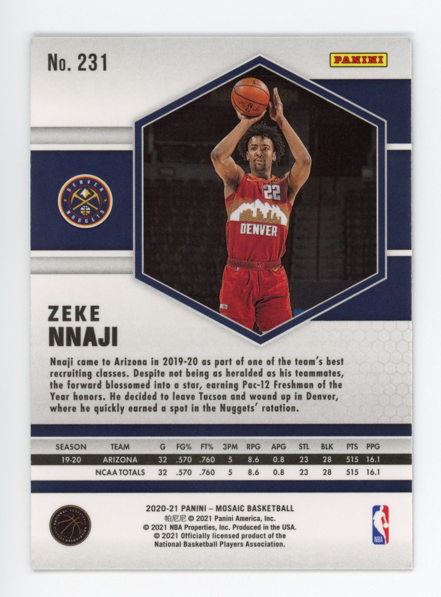 2020-2021 Zeke Nnaji Rookie Mosaic Panini Denver Nuggets # 231