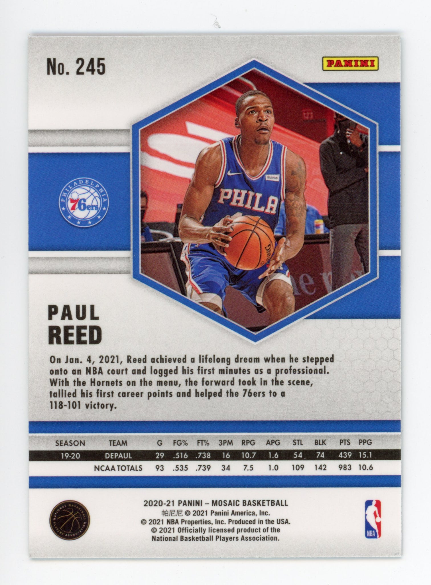2020-2021 Paul Reed Rookie Mosaic Panini Philadelphia 76ers # 245