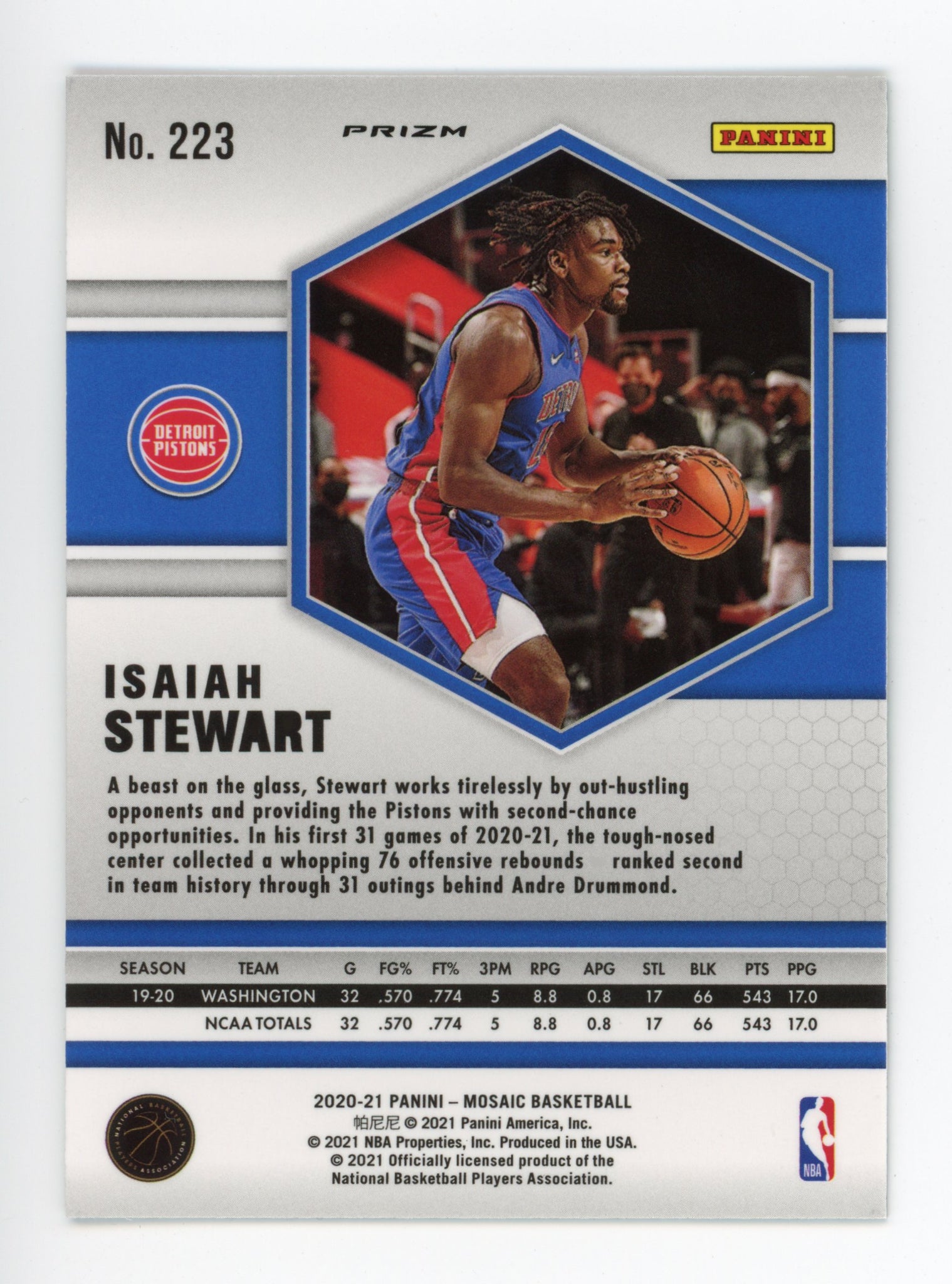 2020-2021 Isaiah Stewart Green Prizm Rookie Mosaic Panini Detroit Pistons # 223
