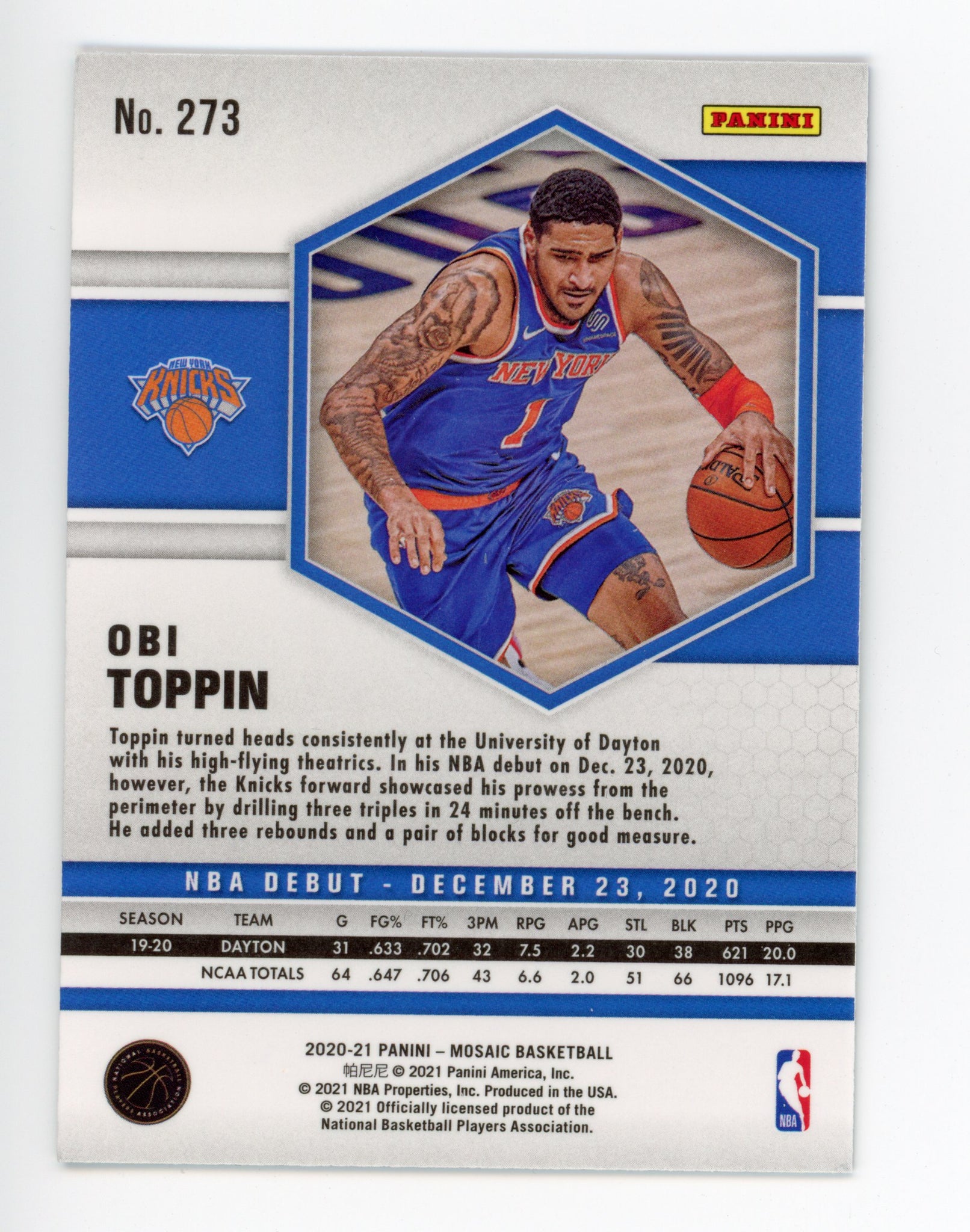 2020-2021 Obi Toppin Rookie NBA Debut Mosaic Panini New York Knicks # 273