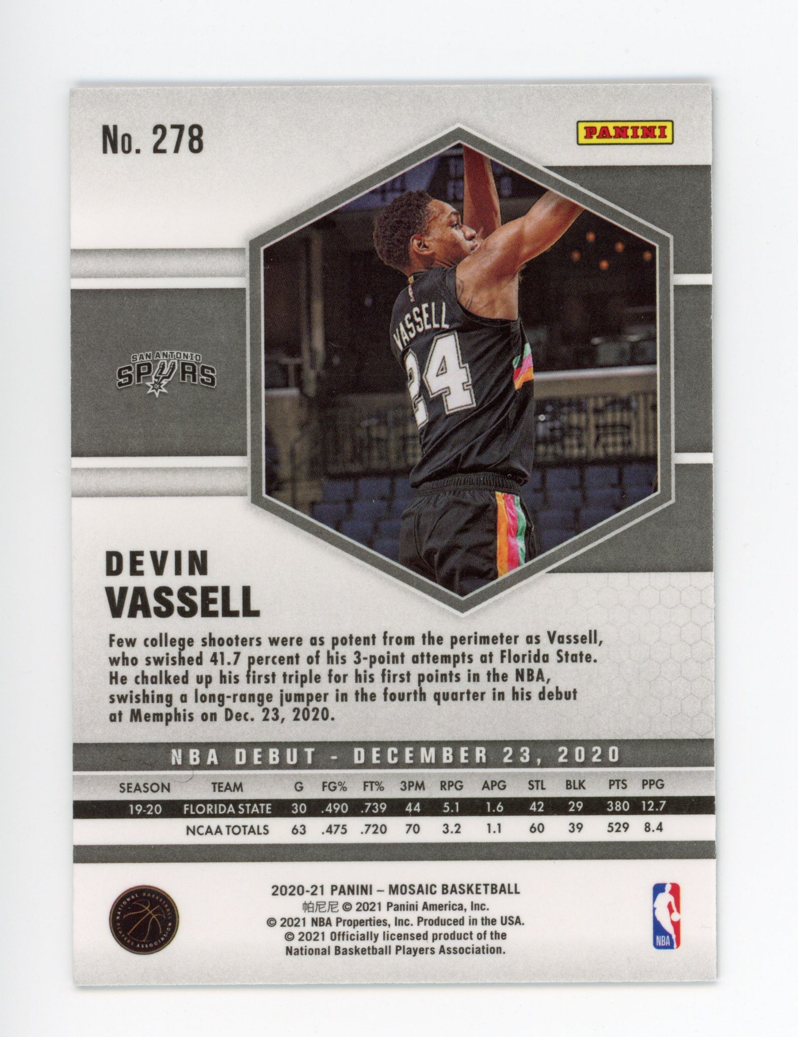 2020-2021 Devin Vassell Rookie NBA Debut Mosaic Panini San Antonio Spurs # 278