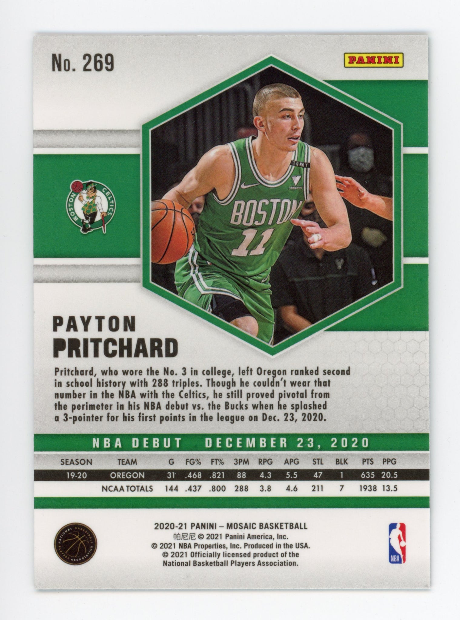 2020-2021 Payton Pritchard Rookie NBA Debut Mosaic Panini Boston Celtics # 269