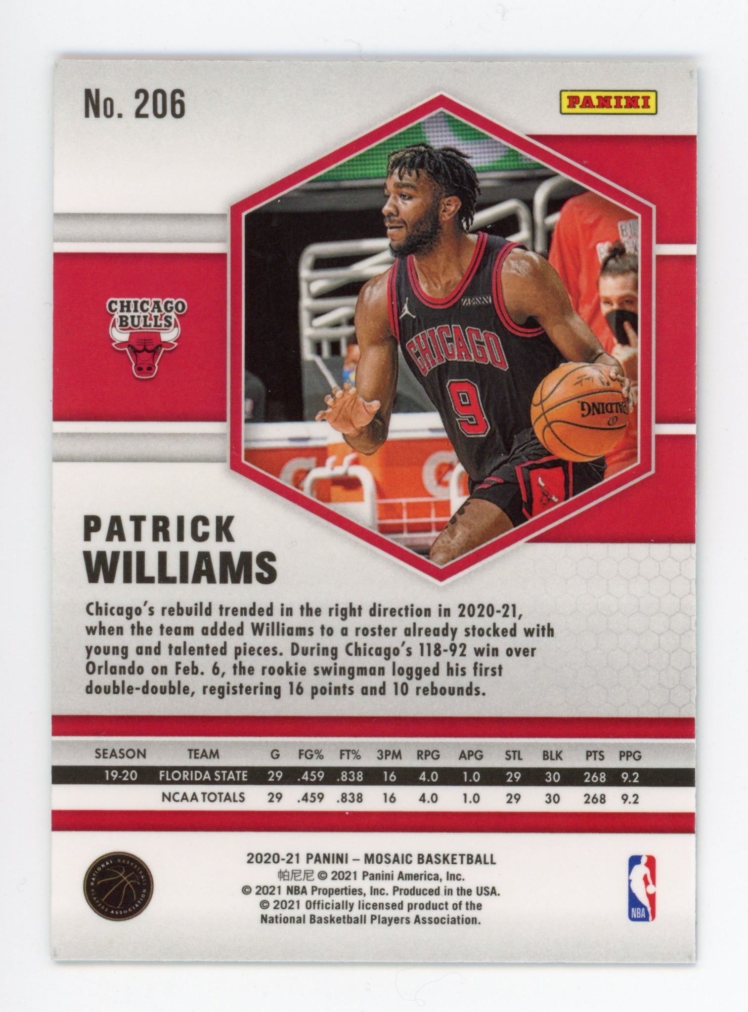 2020-2021 Patrick Williams Rookie Mosaic Panini Chicago Bulls # 206