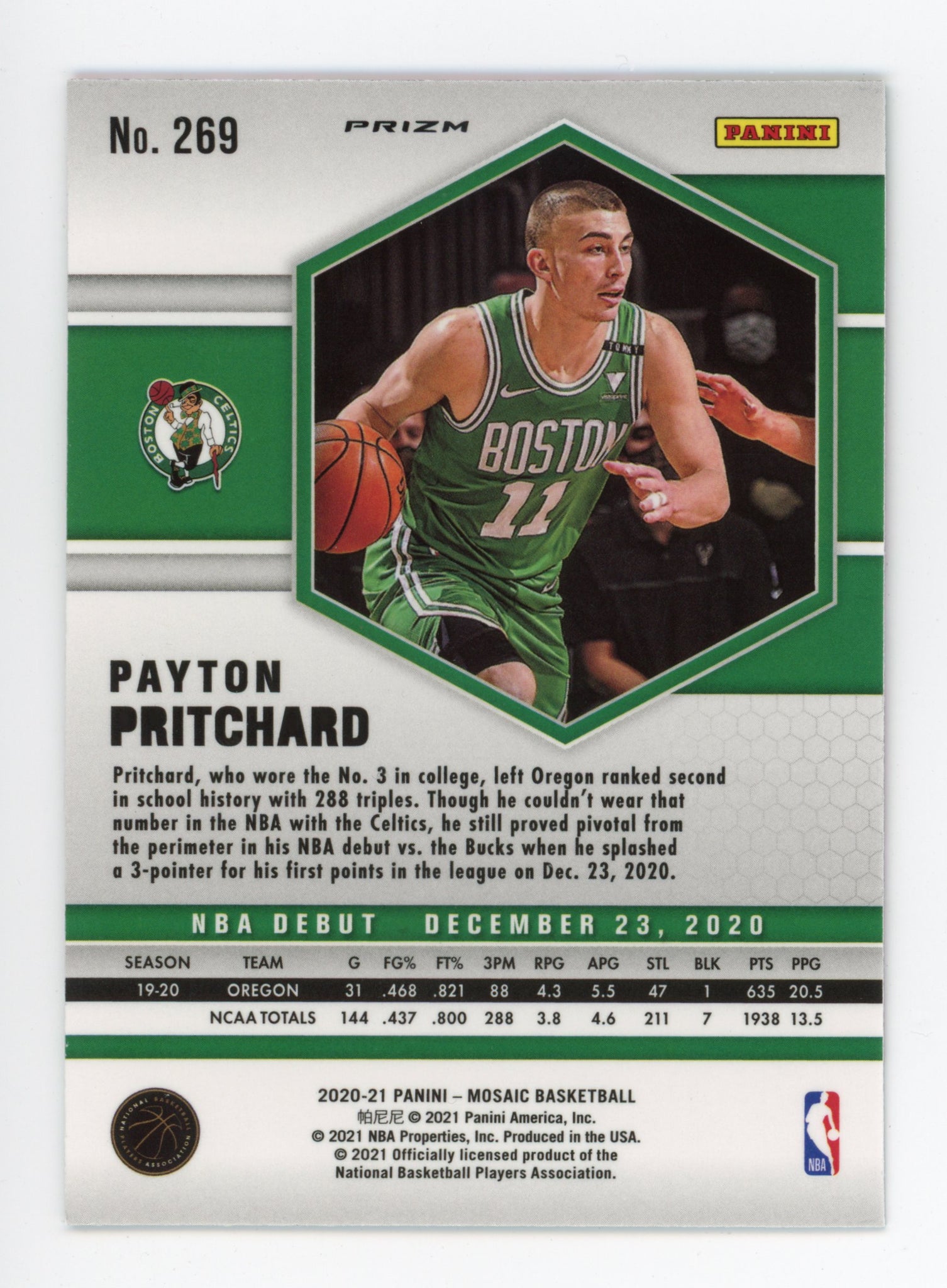 2020-2021 Payton Pritchard Pink Rookie NBA Debut Mosaic Panini Boston Celtics # 269