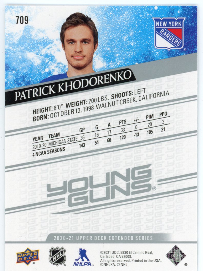 2020-2021 Patrick Khodorenko Young Guns Upper Deck Extended Series New York Rangers # 709