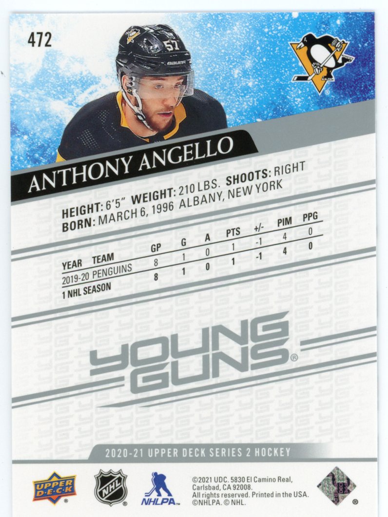 2020-2021 Anthony Angello Young Guns Upper Deck Extended Series Pittsburgh Penguins # 472