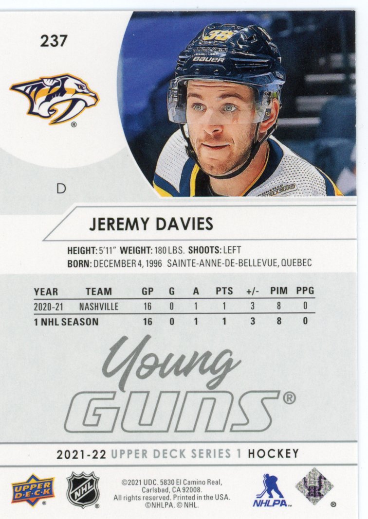 2021-2022 Jeremy Davies Young Guns Upper Deck Series 1 Nashville Predators # 237