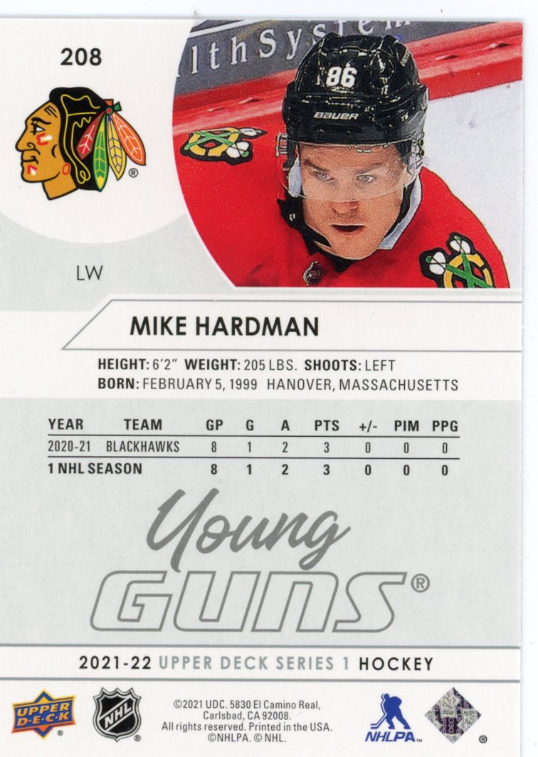2021-2022 Mike Hardman Young Guns Upper Deck Series 1 Chicago Blackhawks # 208