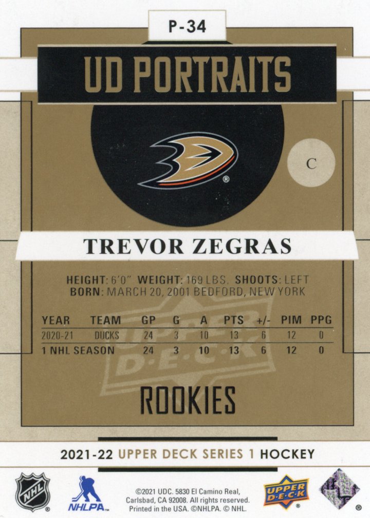 2021-2022 Trevor Zegras UD Portraits Upper Deck Series 1 Anaheim Ducks # P-34