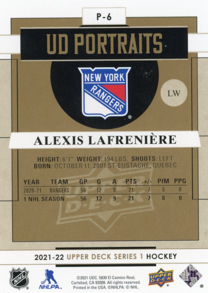 2021-2022 Alexis Lafreniere UD Portraits Upper Deck Series 1 New York Rangers # P-6