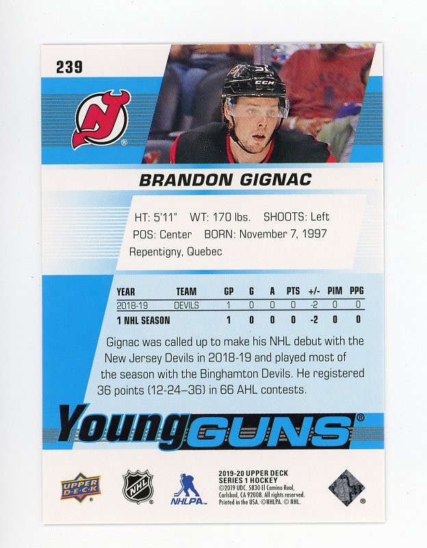 2019-2020 Brandon Gignac Young Guns Upper Deck Series 1 New Jersey Devils # 239