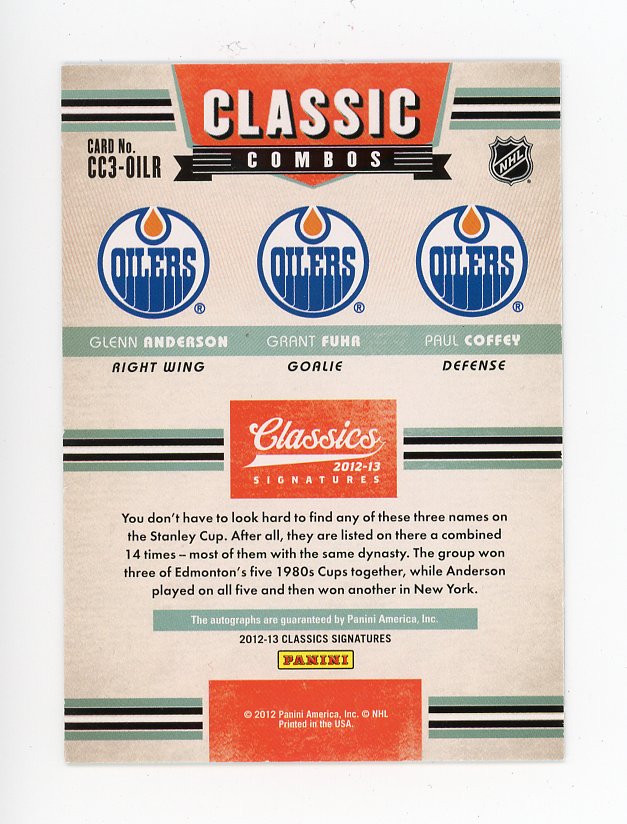 2012-2013 Grant Fuhr, Paul Coffey, Glenn Anderson Classic Combos #d /50 Edmonton Oilers # CC3-OILR