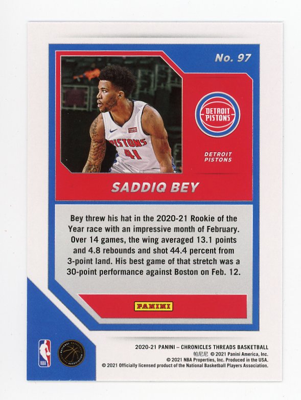 2020-2021 Saddiq Bey Rookie Panini Threads Detroit Pistons # 97