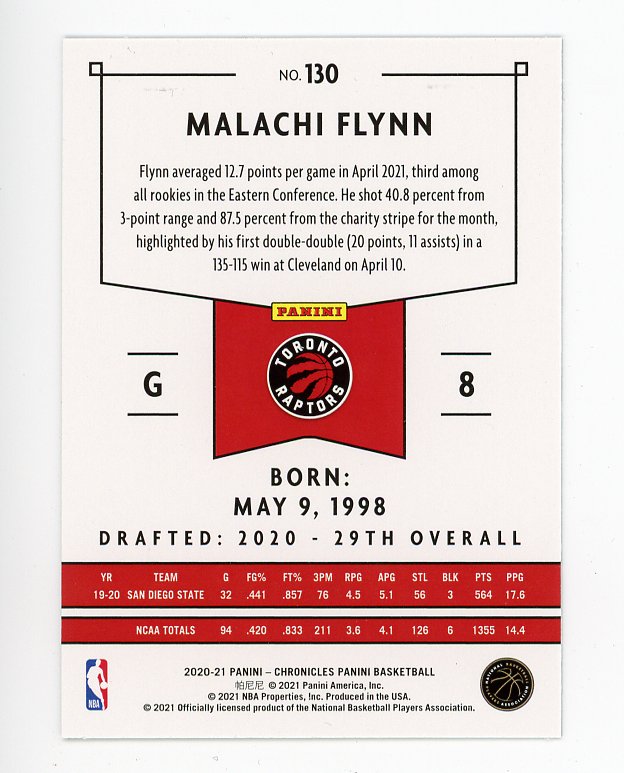 2020-2021 Malachi Flynn Rookie Chronicles Panini Toronto Raptors # 130