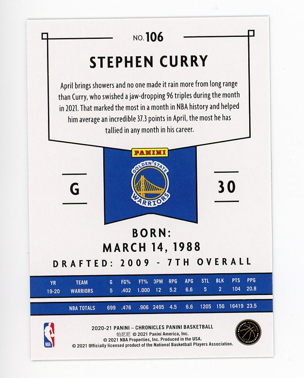 2020-2021 Stephen Curry Chronicles Panini Golden State Warriors # 106