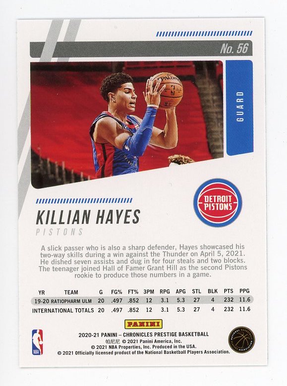 2020-2021 Killian Hayes Rookie Chronicles Prestige Panini Detroit Pistons # 56