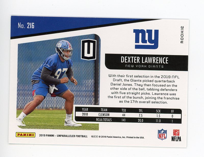 2019 Dexter Lawrence Rookie  Panini New York Giants # 216