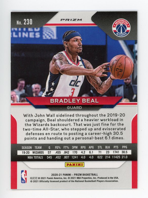 2020-2021 Bradley Beal Red, White And Blue Prizm Panini Washington Wizards # 230