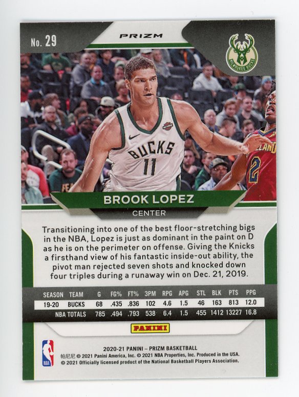 2020-2021 Brook Lopez Silver Prizm Panini Milwaukee Bucks # 29
