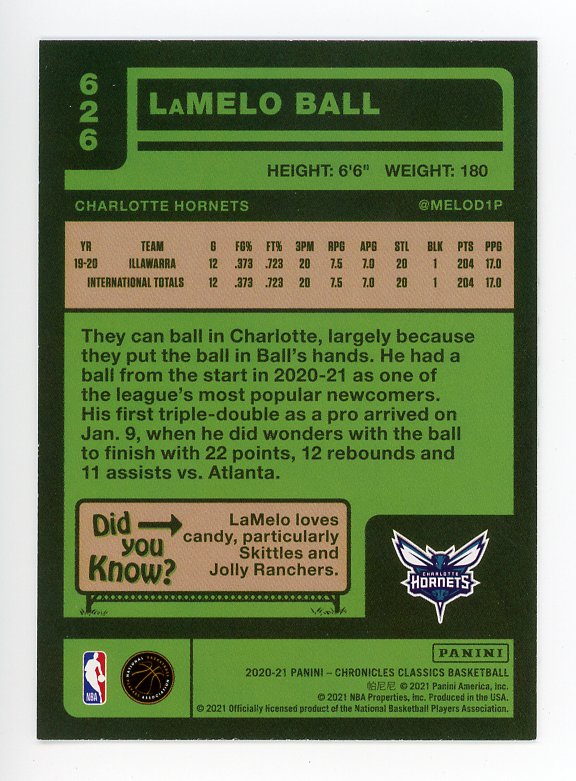 2020-2021 Lamelo Ball Chronicles Classic Rookie Panini Charlotte Hornets # 626