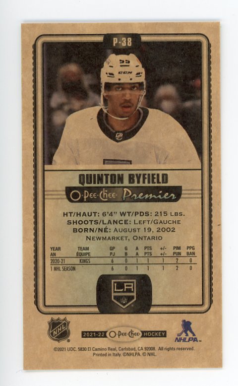 2021-2022 Quinton Byfield Rookie Tall Boys OPC Los Angeles Kings # P-38