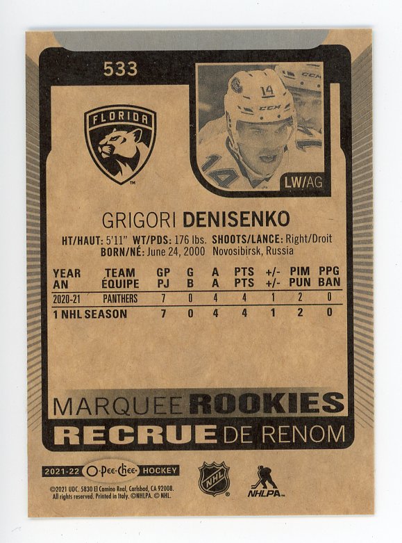 2021-2022Grigori Denisenko Marquee Rookies OPC Florida Panthers # 533