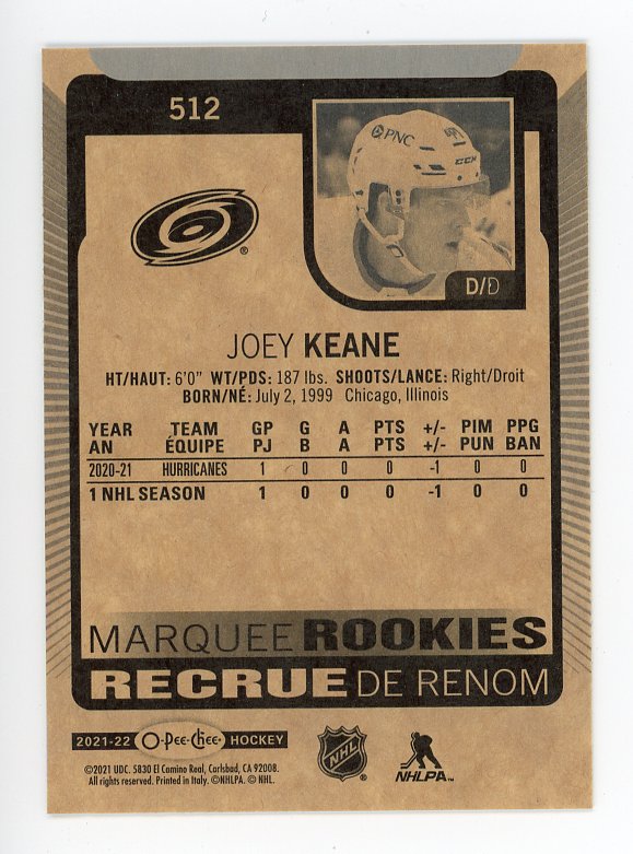 2021-2022 Joey Keane Marquee Rookies OPC Carolina Hurricanes # 512