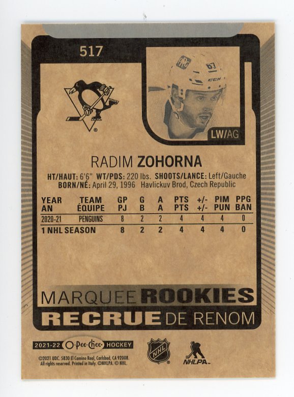 2021-2022 Radim Zohorna Marquee Rookies OPC Pittsburgh Penguins # 517
