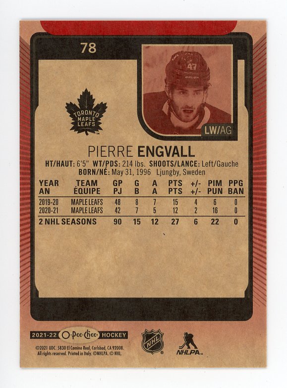 2021-2022 Pierre Engvall Red Boarder OPC Toronto Maple Leafs # 78