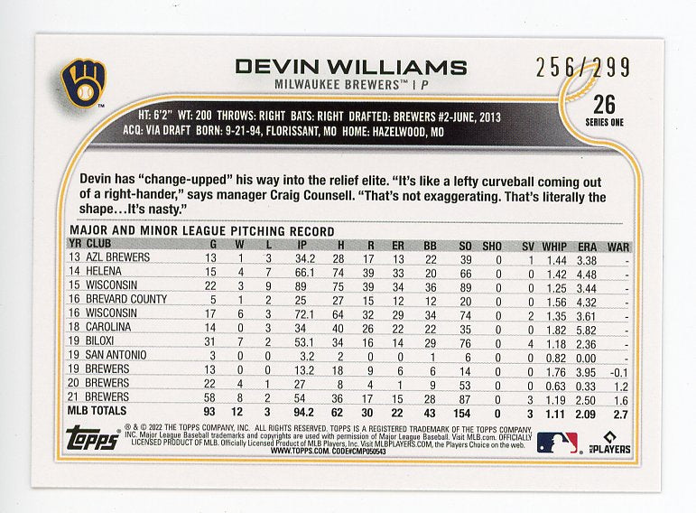 2021-2022 Devin Williams Orange Ice #d /299 Topps Milwaukee Brewers # 26