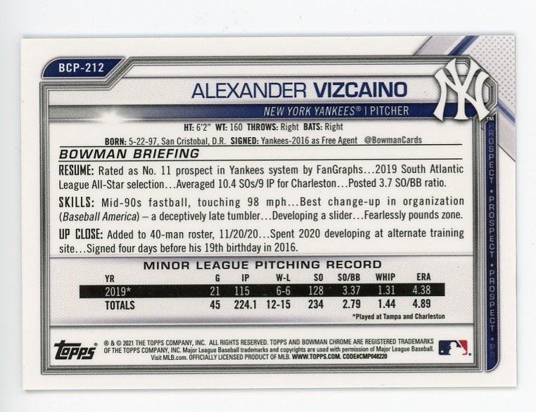 2021-2022 Alexander Vizcaino Blue Mojo Prospect #d /150 Topps New York Yankees # BCP-212
