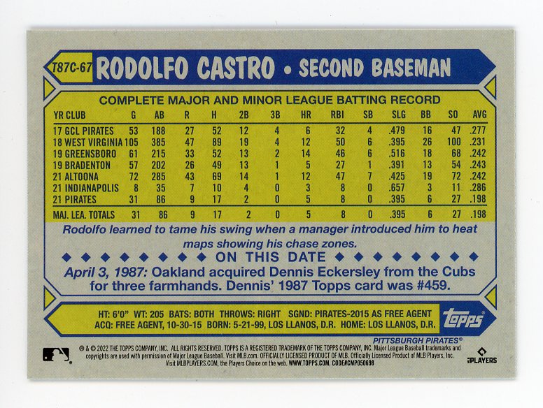 2022 Rodolfo Castro Rookie Chrome Mojo Topps Pittsburgh Pirates # T87C-67