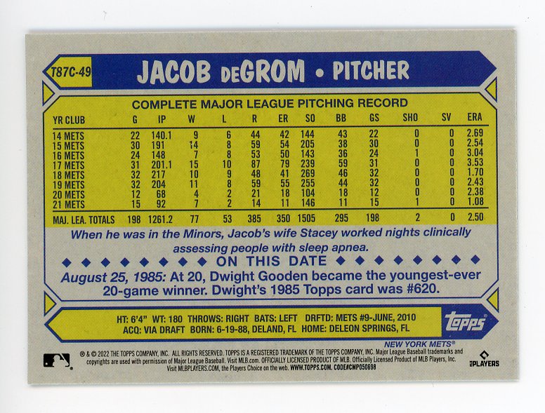 2022 Jacob Degrom Chrome Mojo Topps New York Mets # T87C-49