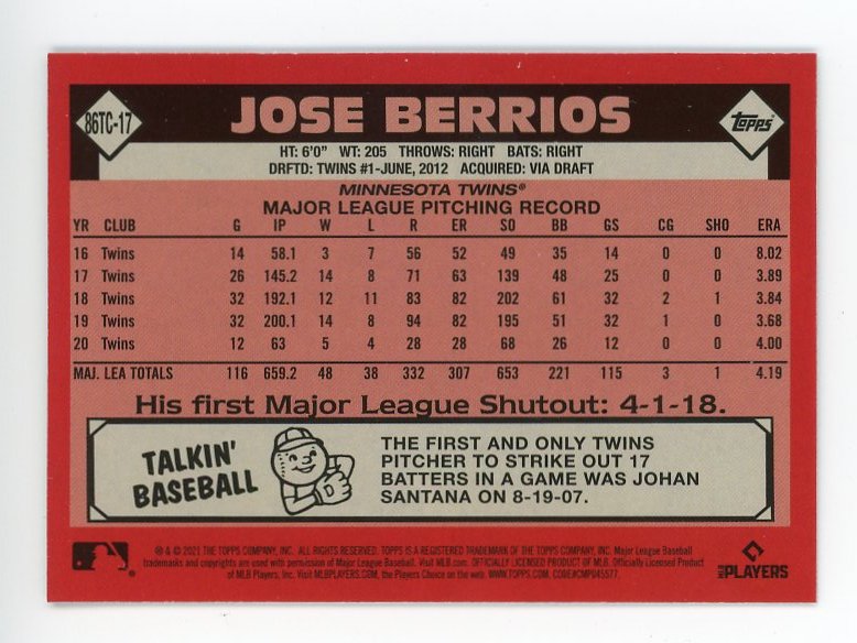 2021 Jose Berrios Chrome Mojo Topps Minnesota Twins # 86TC-17
