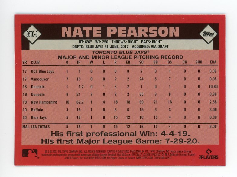 2021 Nate Pearson Rookie Chrome Mojo Topps Toronto Blue Jays # 86TC-3