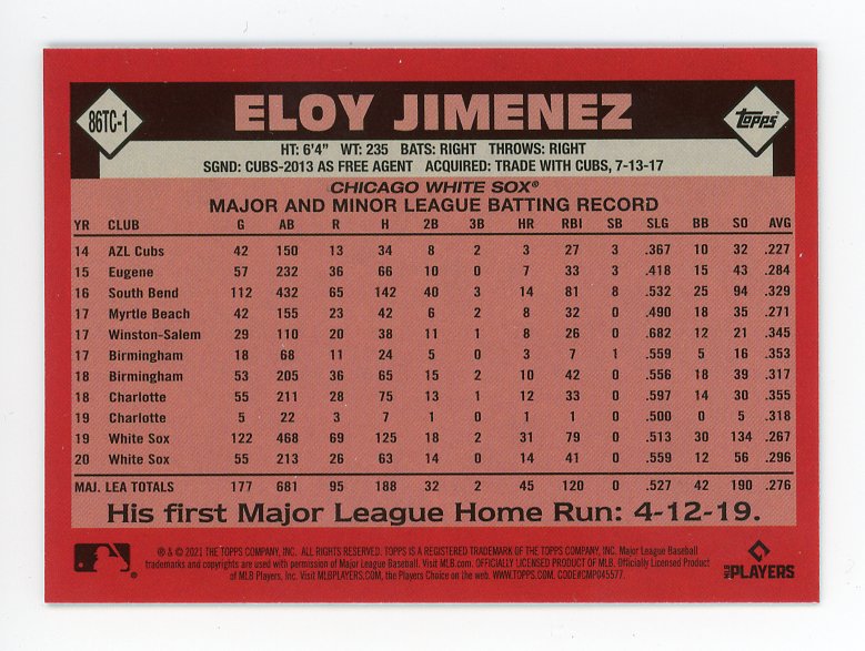 2021 Eloy Jimenez Chrome Mojo Topps Chicago White Sox # 86TC-1