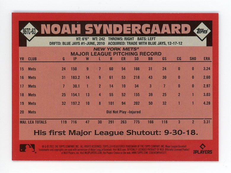 2021 Noah Syndergaard Chrome Mojo Topps New York Mets # 86TC-63