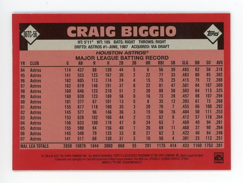 2021 Craig Biggio Chrome Mojo Topps Houston Astros # 86TC-56