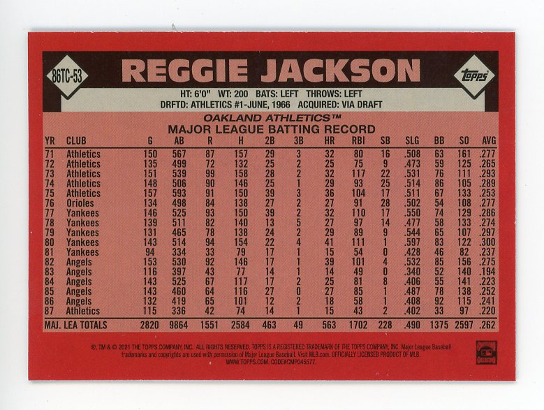 2021 Reggie Jackson Chrome Mojo Topps Oakland Athletics # 86TC-53