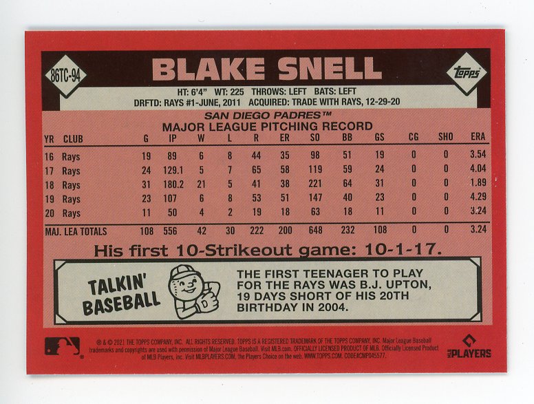 2021 Blake Snell Chrome Mojo Topps San Diego Padres # 86TC-94