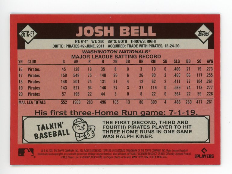 2021 Josh Bell Chrome Mojo Topps Washington Nationals # 86TC-57